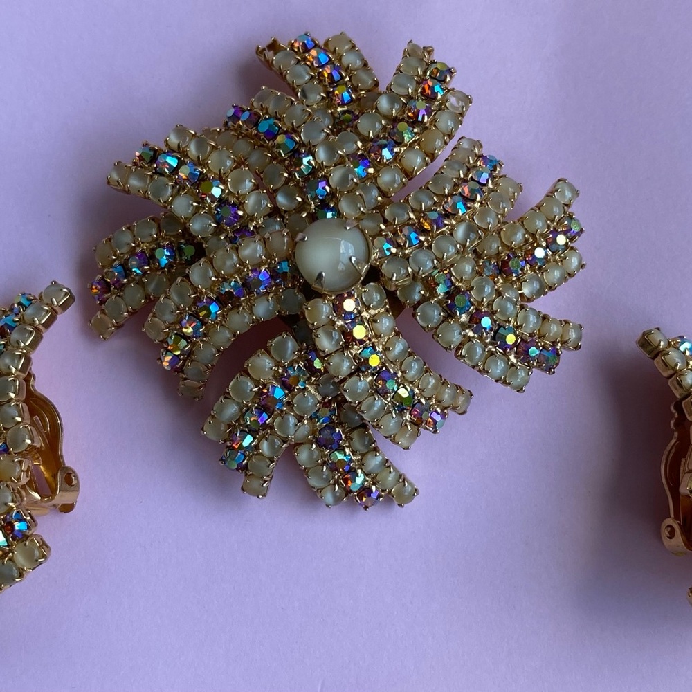 Juliana Style Moonstone and Aurora Borealis Brooch and Earring set